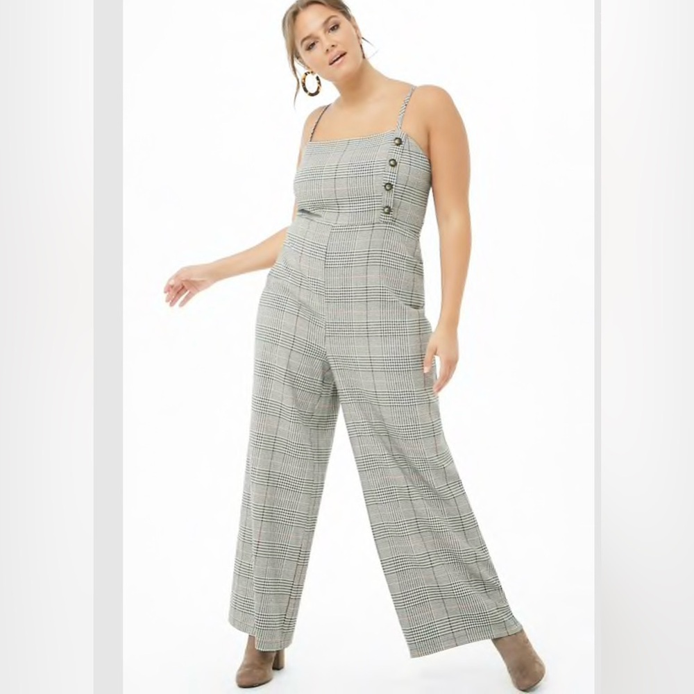 Plus Size Glen Plaid Wide-Leg Jumpsuit